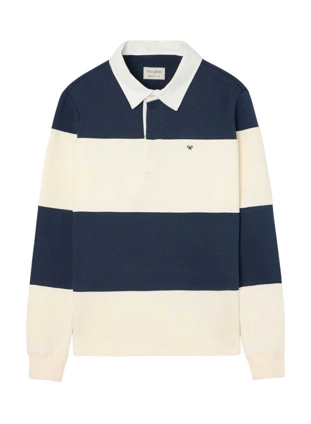 SILBON Wide Stripe Polo Neck Sweatshirt, navy, 3XL-4XL