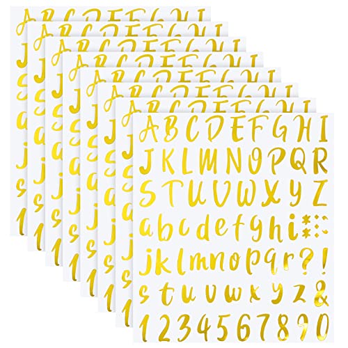 Outus 576 Pieces 8 Sheets Letters Stickers Self Adhesive Vinyl Letter Alphabet Number Stickers Mailbox Numbers Sticker Decals for Classroom Decor Sign Door(Gold 1 Inch)