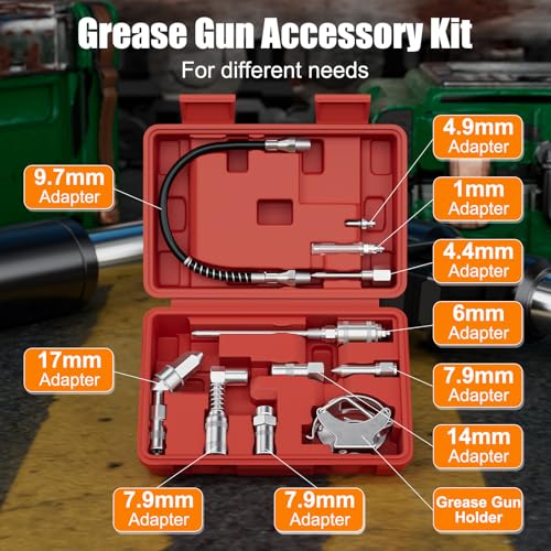 HTOMT 11pcs Grease Gun Lubrication Accessory Kit,360° Grease Coupler Adapter Multi-Function Quick Connects to Any Grease Fit on Any Machine,Connect Greasing 3 Types of Nozzles,Flexible Hose Extension - Thumbnail 2