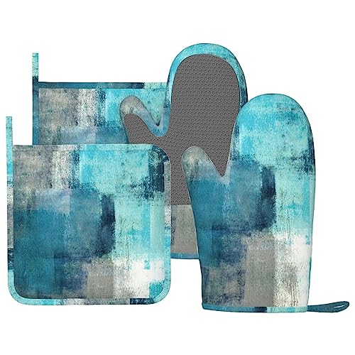 Mifsoiavv POTHOLDERS-2013.7.5-2 Modern Art Abstract Gery Turquoise Oven Mitts And Pot Holders Sets Silicone Turquoise Kitchen Mitts Potholders Heat Resistant 4Pcs Teal Oven Gloves Hot Pads cover