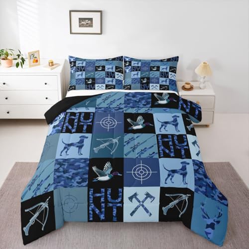 Image of Feelyou Hunting Camo Theme Comforter Set Queen Size for Boys Teens Kids,Camouflage Deer Duck Hunt Bedding Sets Mallard Duck Hunter Quilt Men Blue Room Decor