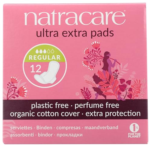 Image of Natracare Ultra Extra Pads with Wings, Regular, Individually Wrapped, Made with Certified Organic Cotton, Ecologically Certified Cellulose Pulp and Plant Starch (1 Pack, 12 Pads Total)