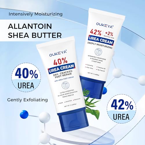 OUKEYA Krem do Stóp 40% Urea & Krem 42% Urea + 2% SA, Intensywna Regeneracja dla Suchej i Popękanej Skóry Stóp, Pięt i Dłoni, Złuszczający i Głęboko Nawilżający, 2x85g