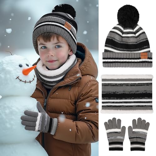 Image of Kids Winter Hat Gloves Scarf Set: Girls Boys Beanie Fleece Lined Ages 6-10