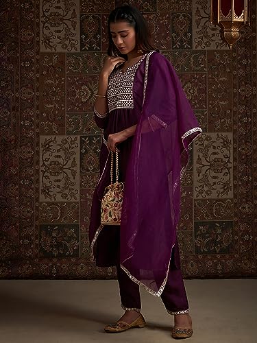Image of INDO ERA Women's Purple Yoke Design Polyester Kurta & Pant With Dupatta Set