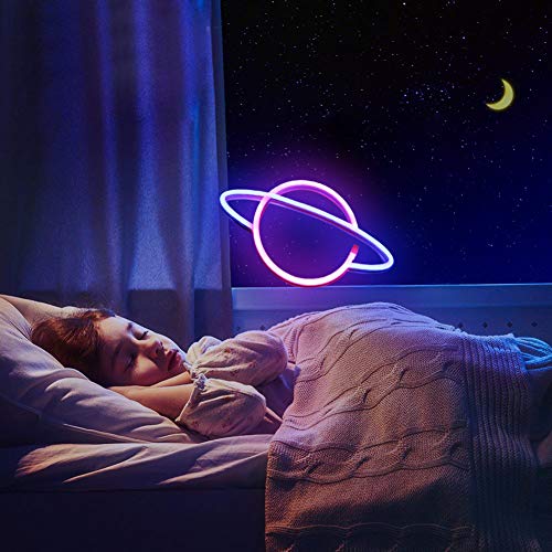 XIYUNTE Planet Neon Light Pink/Blue Led Signs Wall Decor, Battery or USB Operated Planet Lamp Blue Planet Neon Signs Light up for Home,Kids Room,Bar,Festive Party,Christmas,Wedding