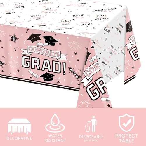 Image of Oigco Graduation Party Decorations, Congrats Grad Graduation Tablecloth for 2026 Graduation Party Supplies, 3 Pack Pink Disposable Plastic Table Cloths, 54 inchx108 inch