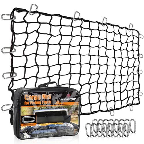 Seven Sparta 5’ x 7’ Bungee Cargo Net Stretches to 10' x 14' for Truck Bed, Pickup Bed, Trailer, Trunk, SUV with 16 Bonus D Clip Carabiners Car Organizer Net for Large Loads (Black, 5'x7')