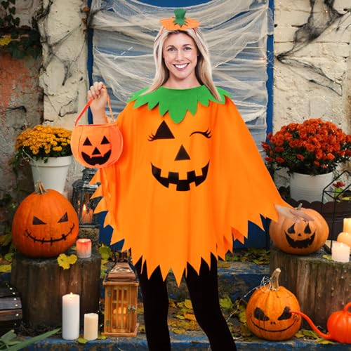 3PCS Halloween Pumpkin Costume for Women,Pumpkin Poncho for Adults with Headband & Bag,Halloween Costume for Women - Image 3
