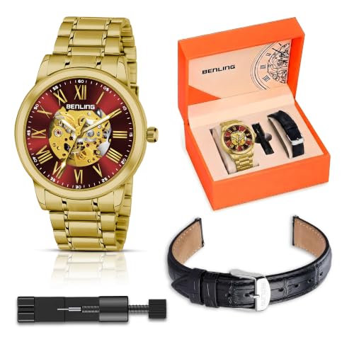 Image of Benling Men's Skeleton Automatic Analog Watch Combo | Open Gear Dial | Leather and Stainless Steel Chain Strap | Luxury Mechanical Movement | Casual & Formal Wear Stylish Wrist Watch for Men