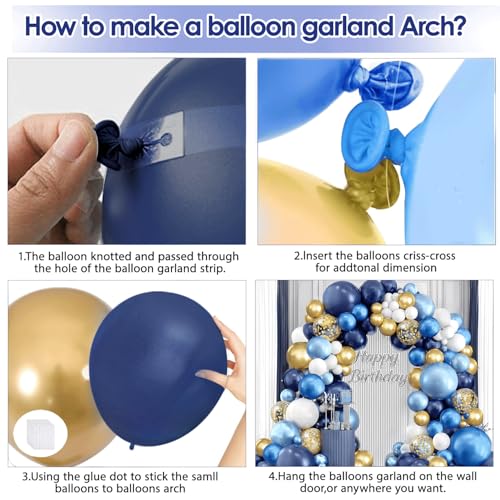 Image of Navy Blue and Gold Balloons Arch Kit, Blue and White Balloon Arch Kit with Metallic Dark Light Blue Gold Conftti Balloons Garland for Graduation Birthday Father's Day Party DIY Decoration