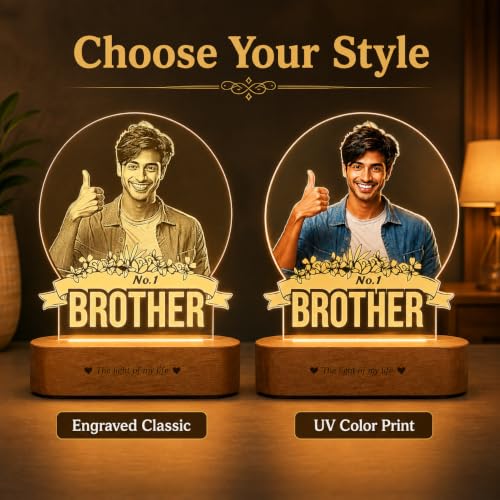Image of ZOCI VOCI Personalized Rakhi Gift - No.1 Brother Custom UV Printed LED Photo Lamp with BT Speaker, WW Acrylic Night Lamp with Wooden Base, Customized Rakshabandhan Gift