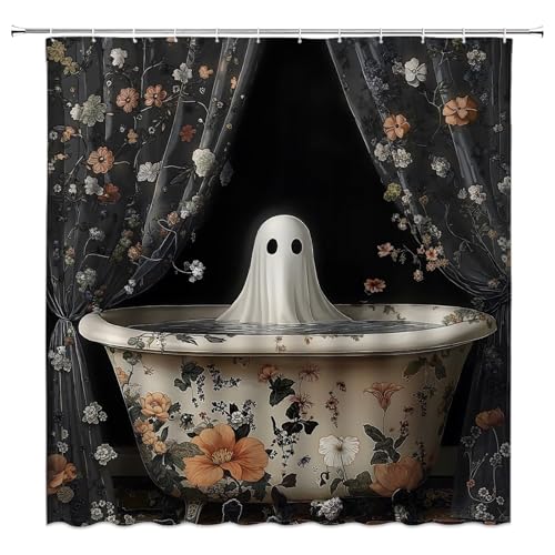 AEMBEE Funny Ghost Shower Curtain Halloween Spooky Gothic Retro Floral Scary Horror Vintage Fabric Decorative Bathroom Curtains with Hooks Black