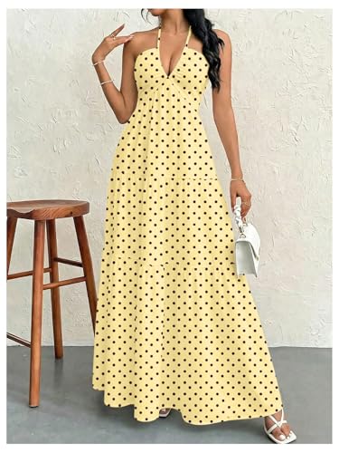 Image of SHENHE Women's Deep V Neck Tie Knot Backless Halter Dress A Line Flowy Ruffle Maxi Dress