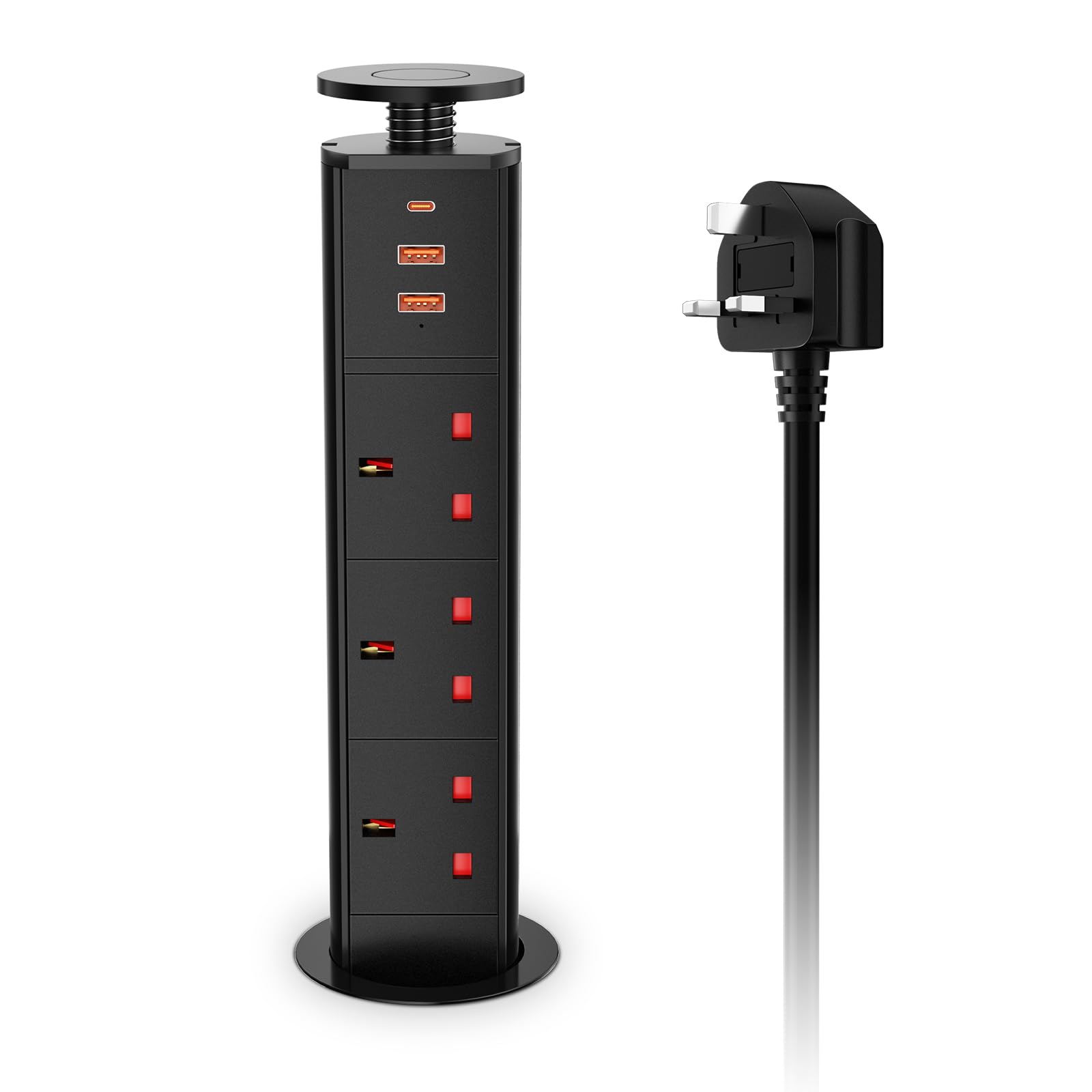 HANNELORE Pull Up Plug Sockets with USB C PD20W, Pop Up Sockets Extension 3 Outlets and 2 USB, Recessed Hidden Power Socket For Kitchen Worktops Desktop Home and Office, 13A/3250W, 1.8M Cable, Black