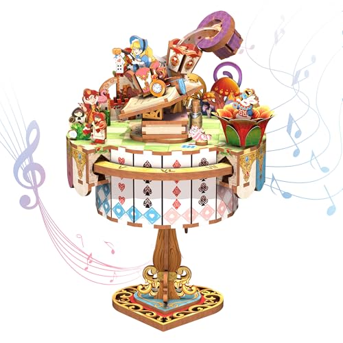 Image of Tonecheer x British Library Wooden Music Box Puzzle for Adults, DIY Rotating Music Box Kit 3D Creative Musical Puzzle Crafts Model Building Kits Desk Decor for Birthday Gift (Alice's Tea Party)