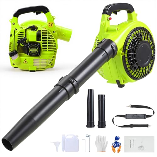 DKIEI Petrol Leaf Blower 26cc Cordless Garden Blower 246 ft/s Wind Speed Handheld Leaves Blowing with 2 Extension Tubes and Strap Powerful 7500RPM Snow Blower for Dust Vacuuming Yard Patio Green