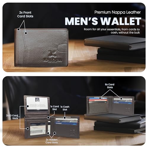 XALORA Mens Wallet Genuine Nappa Leather Wallet Stylish Slim Bifold RFID Blocking – 2 ID Windows | 11 Card Holder | Cash Pocket & Gift Box - Brown3