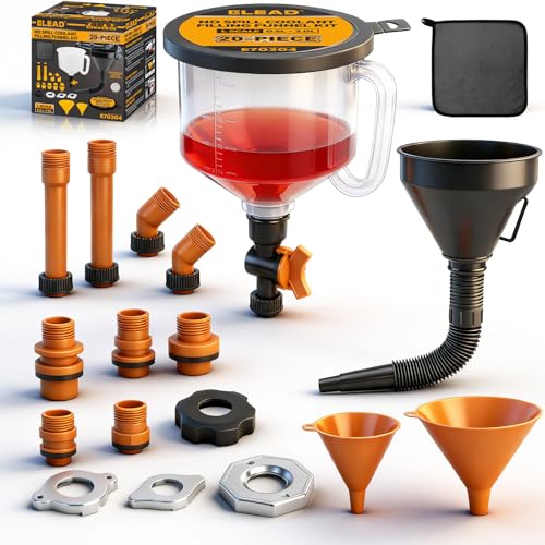 20-Piece No-Spill Coolant Funnel Kit Cooling System Funnels Kits Spill Proof Funnel Bleeder Radiator Funnels Kit with Adapters Extensions Flexible Hose Circular-Funnel Towel for Automotive Use