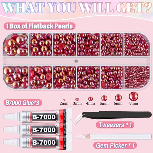 Image of Flatback Pearls for Crafting with 3Pcs 10ml B7000 Jewelry Glue, 1 Box of Half Round Red AB Pearls, Bedazzling Beads for DIY Crafts Clothing Tumblers Shoes Embellishment Nail Art