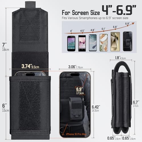 Molle Phone Pouch Tactical Holster Universal Dual Cell Phone Holder Utility EDC Pouch with US Flag Patch (Black)