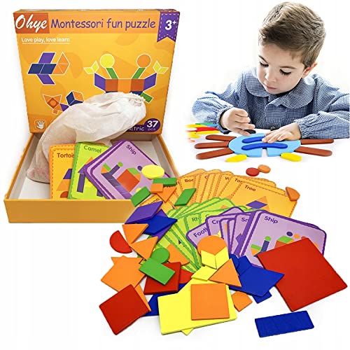 Image of PLUSPOINT Wooden Pattern Puzzle with 37 Wood Pieces, 30 Cards to Create Skill Development Educational Wooden Toys for Toddlers Kids Boys Girls Age 3+ Years