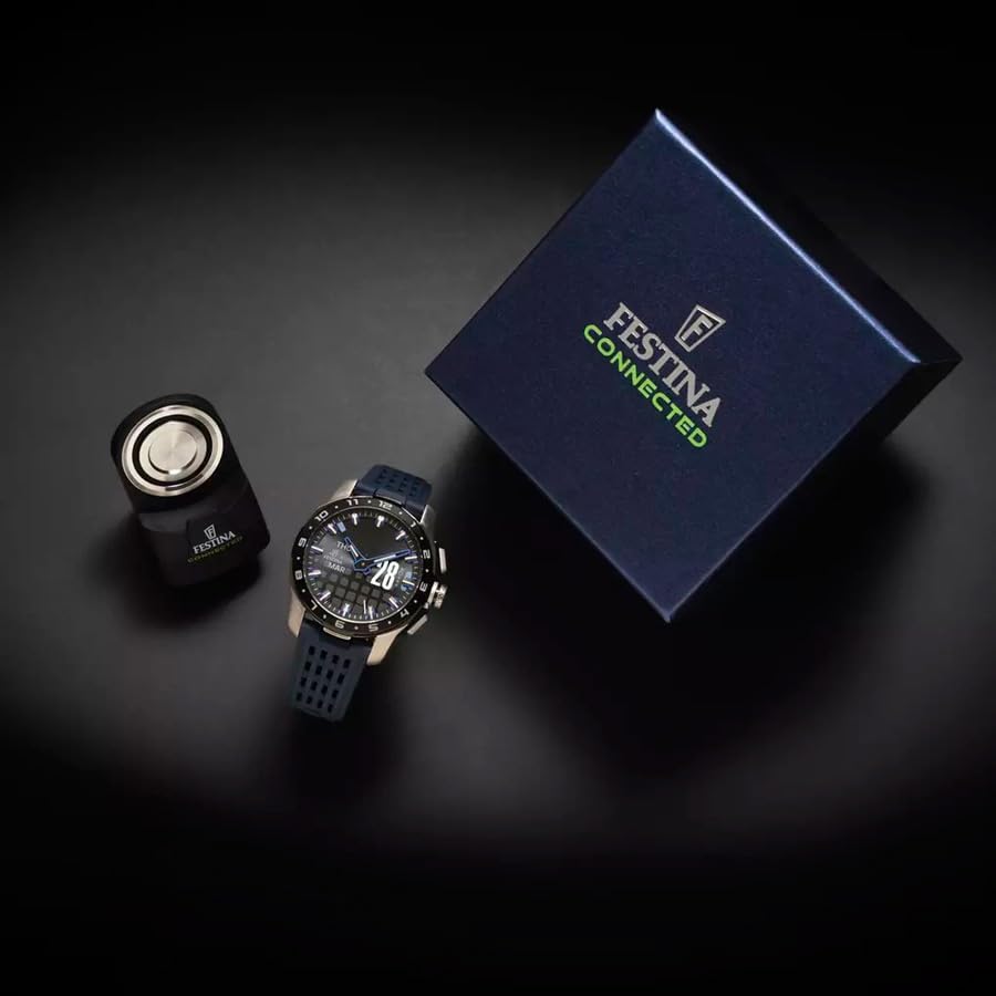 Festina Connected Hybrid Smartwatch F23305/3, charging base, and product box on a dark surface.