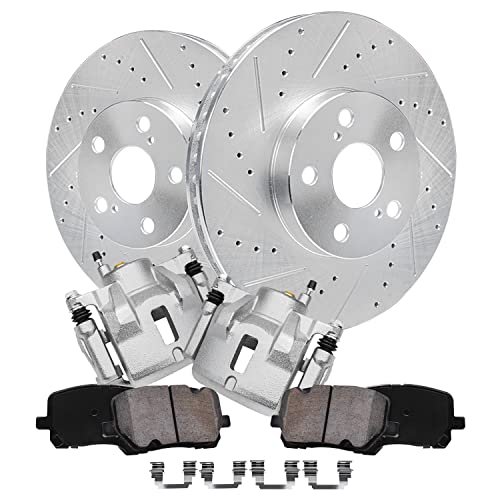 Image of Detroit Axle - Front Drilled Rotors Brake Calipers Ceramic Brake Pads | Replacement for 2003-2008 Toyota Corolla Matrix Pontiac Vibe - 6pc Set