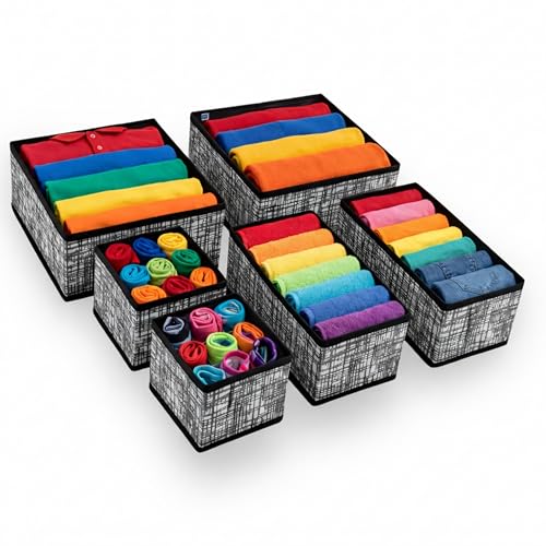 Image of Skrill 6-Piece Foldable Cloth Storage Box Set | Cube Baskets, Bins & Dividers for Closet & Dresser Drawer Organization | Storage for Shirts, Pants, Underwear, Bras, Socks & More (Blackchecks)