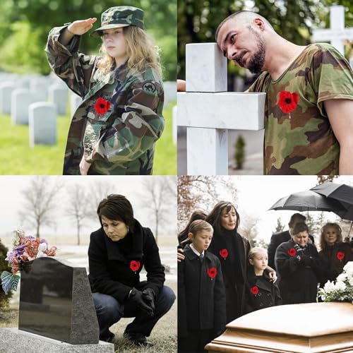 Image of 32 Pcs Memorial Day Red Black Poppy Artificial Flower Brooch Pin Bulk Lest We Forget Fake Flower Head Gifts for Women Men Hero Veteran Remembrance Day