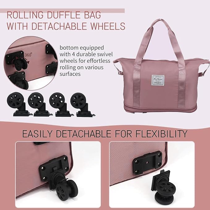 Image of TEKCOOL Duffel Trolley Bags for Travel,Luggage Bags for Travel,Rolling Duffle Bag with Wheels,Travel Bags for Luggage Trolley,Expandable Foldable Duffle Bag with Wheels - Pink'