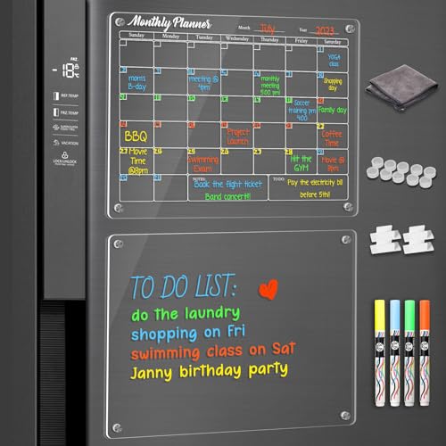 ANLIOTE Lot de 2 Calendrier Magnétique Frigo, 40 x 30cm Planificateurs Magnétiques et Mémo, Tableau Transparent Effaçable à Sec en Acrylique, Facile à...