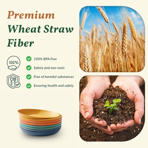 Image of Homienly Deep Dessert Plates Unbreakable Wheat Straw Dinner Plates 8 PCS Microwave & Dishwasher Safe Plates Sets for Kitchen, Camping, Reusable Plastic Plates for Kids, Appetizer (Colorful, 8 inch)