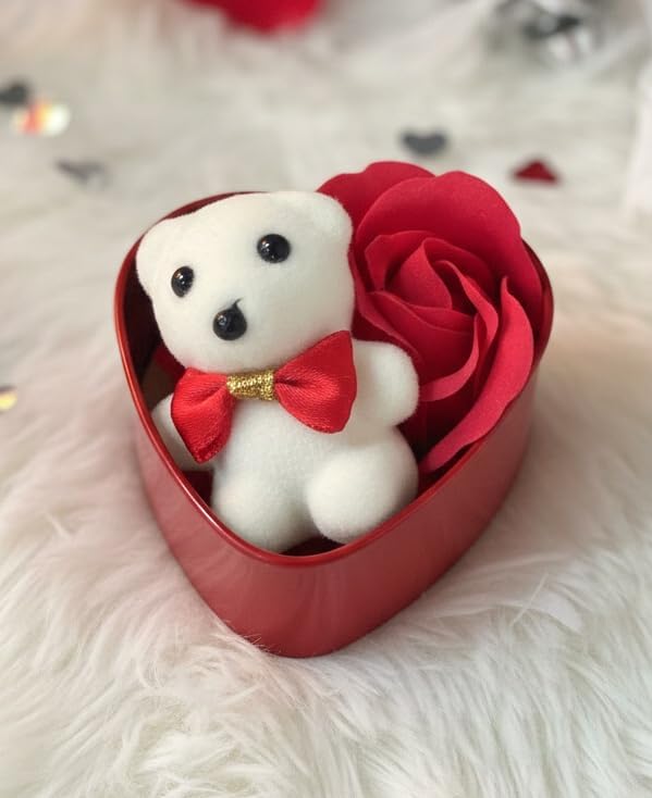 Magic of Miraya's Heart-Shaped Valentine Gift Box with Teddy, Red Rose & “I Love You” Message | Romantic Gift for Girlfriend, Boyfriend, Husband, Wife | Valentine’s Day Special (7×4×7 cm)