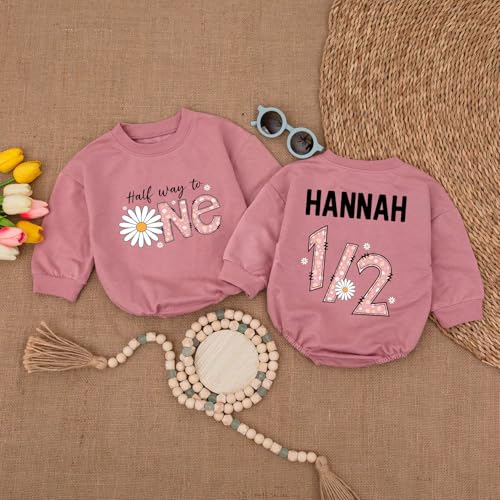 Personalized Half Birthday Outfit Baby Girl Bee, 1/2 Birthday Girl Bubble Romper, Half Way To One Girl4