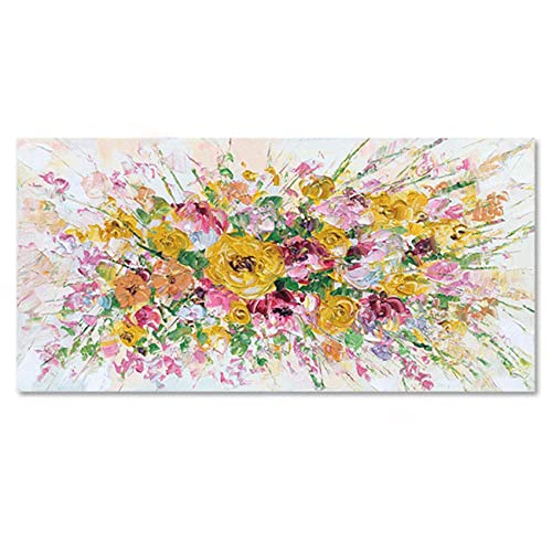 Tableau Decoration Murale,Grand Abstrait Jaune Rose Fleur Buisson Plante Toile Mur Art Moderne 100% Peint À La Main Peintures À l'huile sur Toile Oeuvre pour...