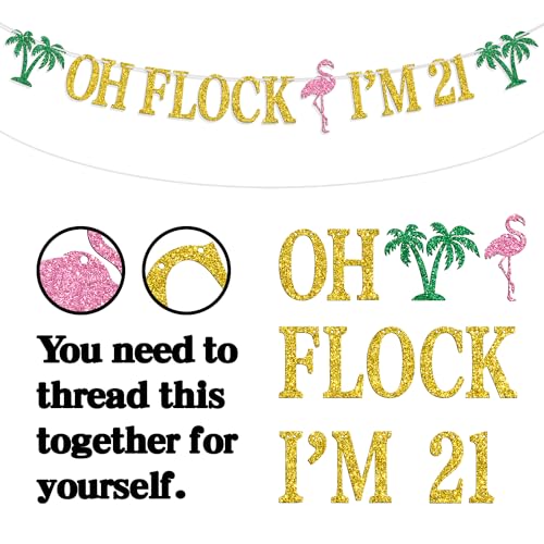 Image of Oh Flock I'm 21 Banner, Glitter Happy 21st Birthday Anniversary Party Decorations, Pineapple Party Decor, Hawaiian Luau Tropical Aloha 21 Theme Party Photo Props
