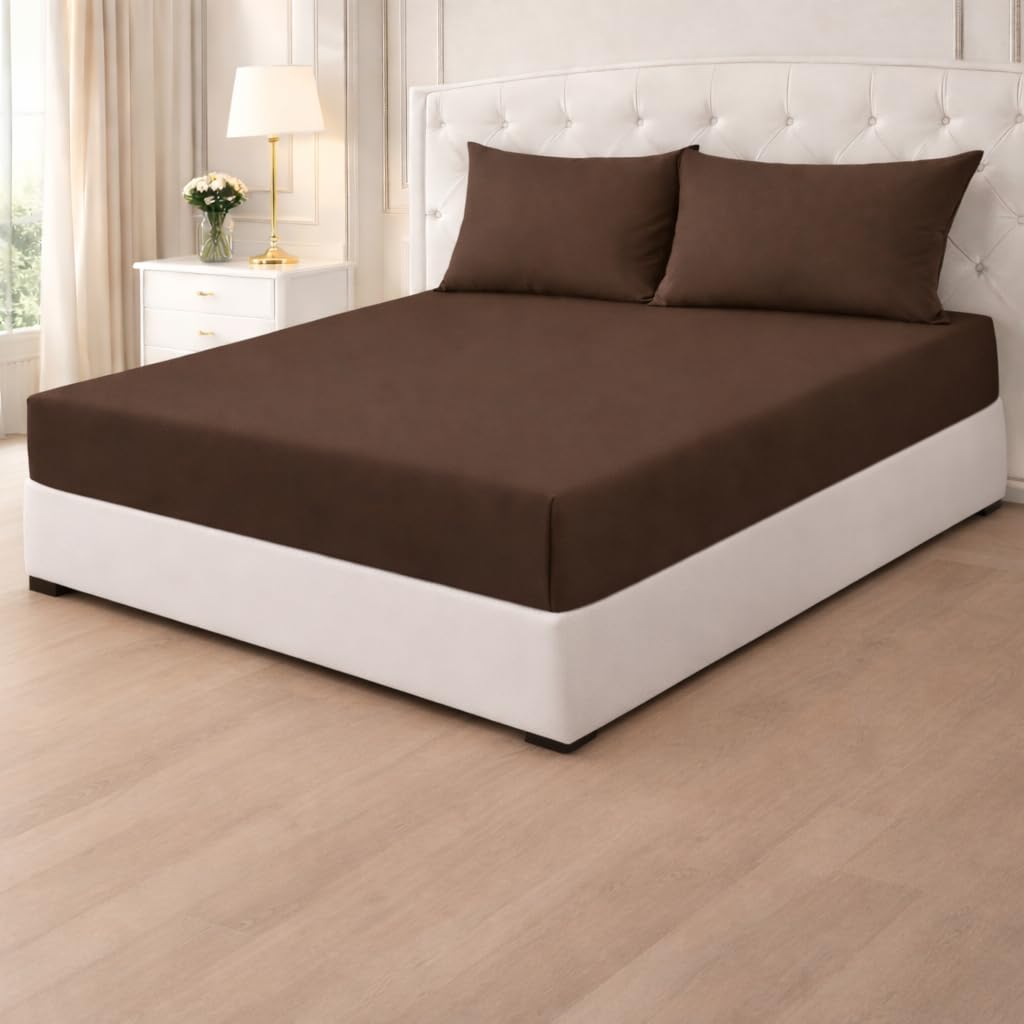 Poly Cotton Fitted Sheets 25cm,Plain PolyCotton Fitted Bed Sheets,Shrinkage & Fade Resistant Percale Quality Fitted Sheets,Non Iron Easy Care (Chocolate, Super King)