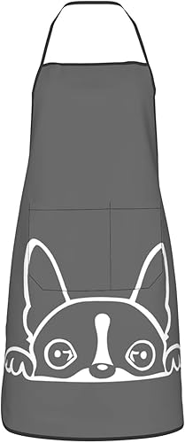 Miniatura 2 de Lindo Boston Terrier Peeking Delantal Unisex Cocina Artesanía Cocinar Dibujo Pinafore Con Bolsillos Babero, Blanco