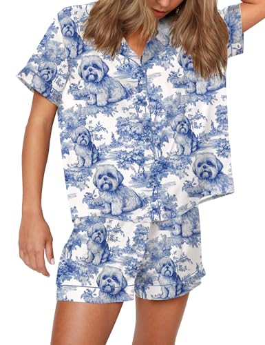Image of SHESHOW Satin Pajamas for Women Set Preppy Animals Pjs Short Sleeve Shorts 2 Piece Loungewear Sets XS-XXL