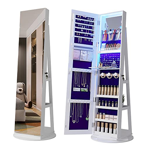 Image of HNEBC LED Light Jewelry Organizer Mirror 360 Rotating, Jewelry Armoire with Door Mirror, Full Length Mirror Jewelry Cabinet, Mirror with Jewelry Storage, Large Jewelry Boxes & Organizers(B White)