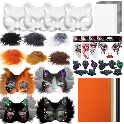 Image of Huaerle 34 Pcs Therian Mask Kit,DIY Cat Mask Kit with Fur & Eye Mesh and Felt Sheet,Blank Cat Mask Material Accessories Set,Costume Mask for Halloween Christmas Masquerade Cosplay Party