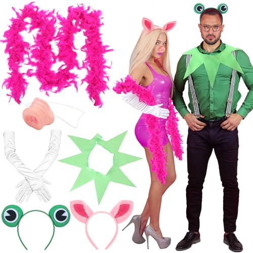 Shyyween 6 Pcs Halloween Pig and Frog Couple Costume Set Pink Pig Ears Headband Nose Feather Boa Frog Headband Collar Gloves for Adult Couple Cosplay