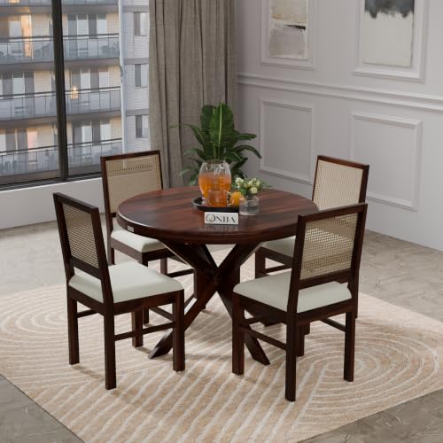 Image of ONIJA Solid Sheesham Wood 4 Seater Rattan Cane Dining Table Set with Cushioned Chairs for Dining Room | Living Room | Home & Office | Hotels Restaurant & Cafe (4 Seater, Walnut Finish)