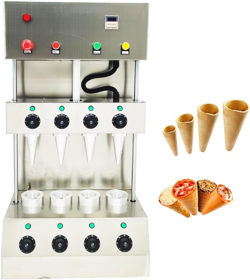 INTBUYING Electric Automatic Pizza Cone Maker Machine 4-Head Stainless Steel Handheld Pizza Cone Forming Machine with Adjustable Temperature Control for Restaurant Bakery Pizzeria Commercial Use