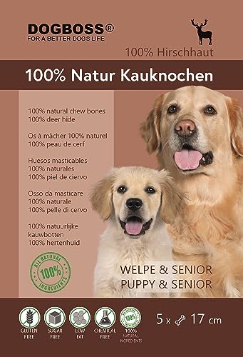 DOGBOSS 100% Natur Kauknochen 100% Hirschhaut oder 100% Pferdehaut speziell für Welpen ab der 16. Lebenswoche & Seniorhunde in verschiedenen Größen und Geschmack (5er 100% Hirschhaut 17 cm)