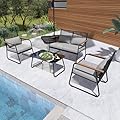GREEN MORE 4-Piece Patio Furniture Set, Outdoor Conversation Sets, Removable & Washable Soft Cushion, Wooden Armrest, Glass Table, for Backyard, Balcony, Deck, Poolside, Black and Grey