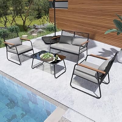 GREEN MORE 4-Piece Patio Furniture Set, Outdoor Conversation Sets, Removable & Washable Soft Cushion, Wooden Armrest, Glass Table, for Backyard, Balcony, Deck, Poolside, Black and Grey