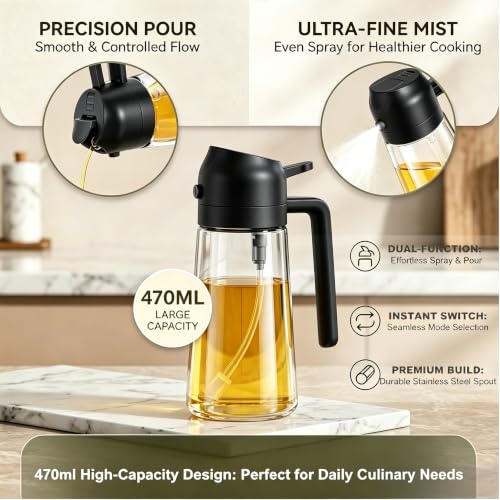 Pure Future 2-in-1 Olive Oil Sprayer for Cooking - 16oz/470ml Glass Oil Dispenser Bottle with Portion Control, Refillable Mister for Air Fryer, BBQ, Salad, Grilling, Food-Grade & BPA-Free (Black) — view 2