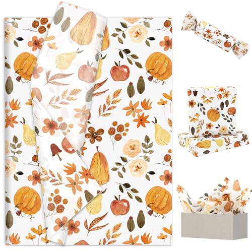 JarThenaAMCS 100 Sheets Fall Tissue Paper Fruit Floral Leaves Pumpkin Gift Wrap Vintage Decorative Art Paper for Autumn Home Party DIY Crafts Supplies 14 x 20 Inch